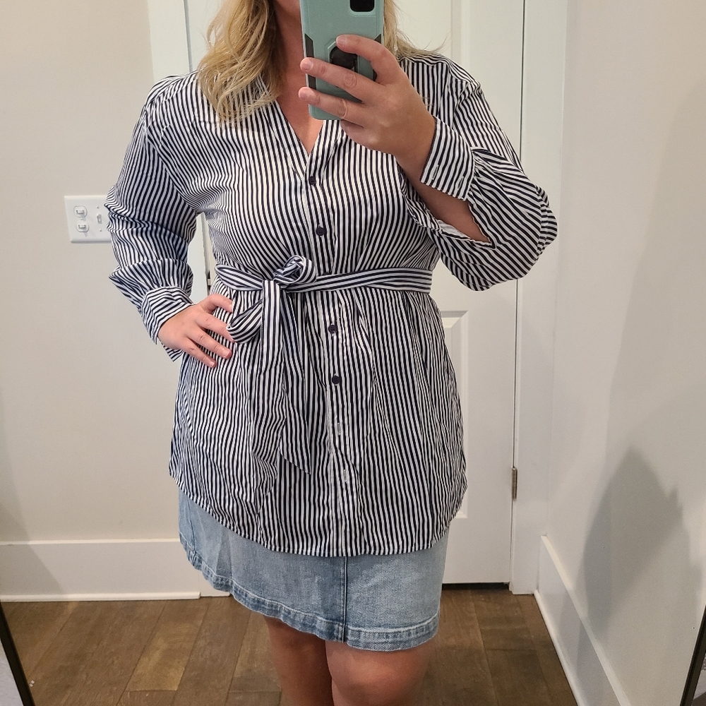 Lane Bryant Navy Striped Tie Waist Button Down Long Sleeve Blouse